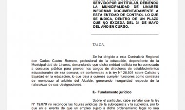(VIDEO) Contraloría instruye al municipio para que regularice titularidad en cargos directivos de escuelas y liceos linarenses