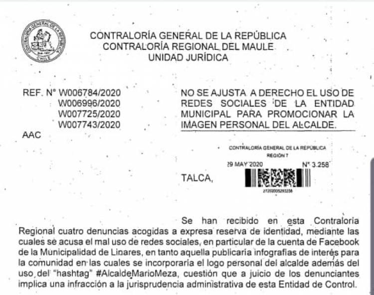 Contraloría prohíbe por segunda vez uso de hashtag  alusivos al alcalde Mario Meza en Redes Sociales de la Corporación Municipal de Linares