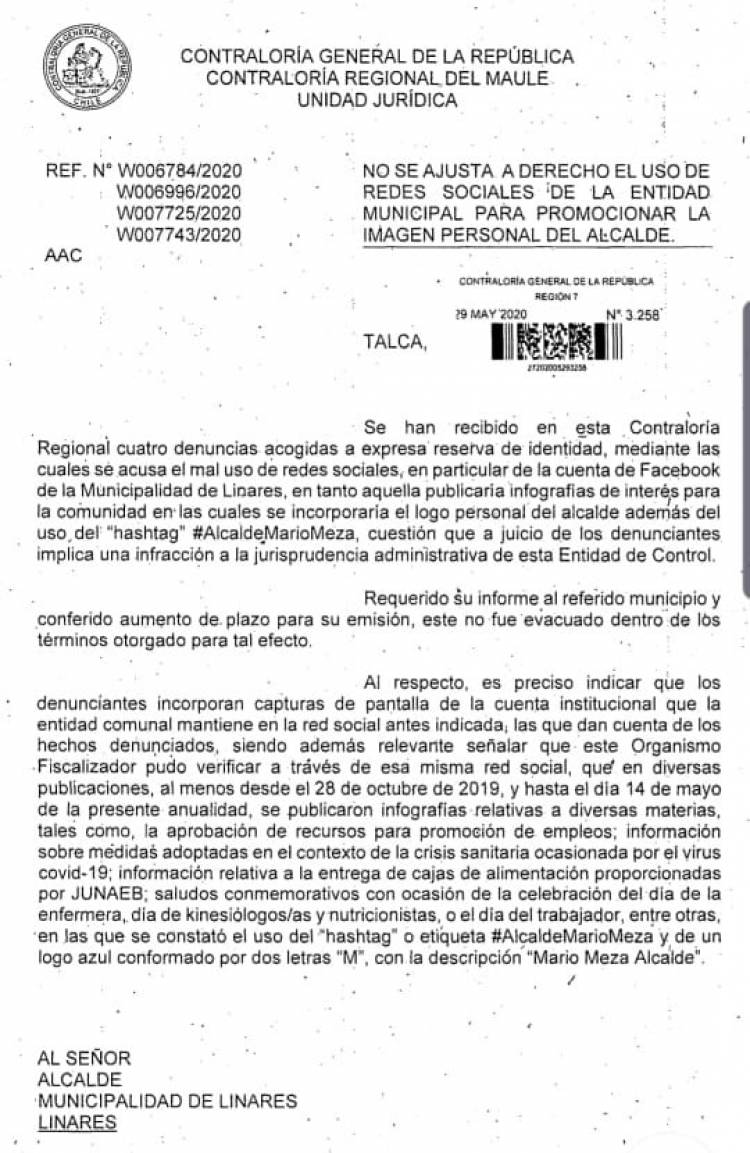 Contraloría prohíbe por segunda vez uso de hashtag  alusivos al alcalde Mario Meza en Redes Sociales de la Corporación Municipal de Linares