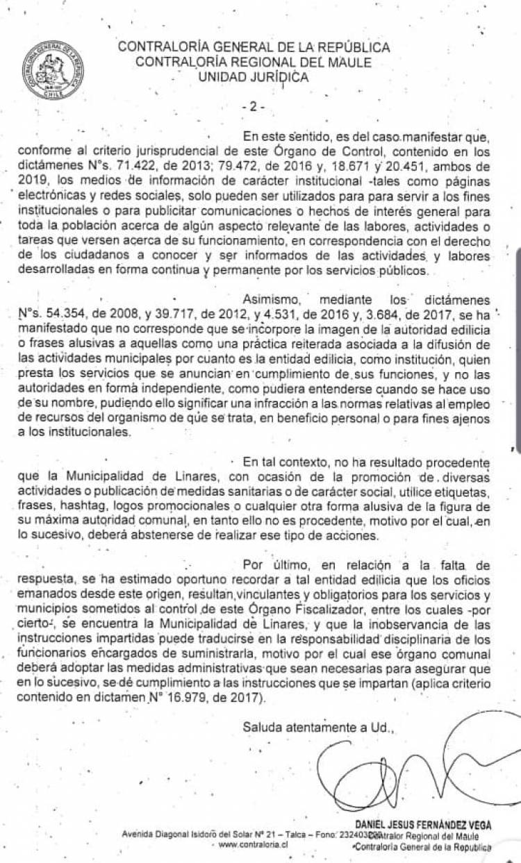 Contraloría prohíbe por segunda vez uso de hashtag  alusivos al alcalde Mario Meza en Redes Sociales de la Corporación Municipal de Linares