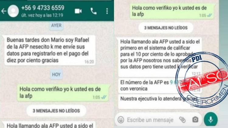 PDI advierte de estafa en WhatsApp con relación al retiro del 10 por ciento de las AFP