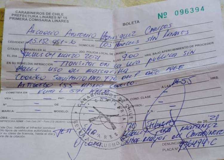 Dirigente paga infracción cursada a campesino por no usar mascarilla en la zona de "Los Hualles" al interior del Santuario Achibueno